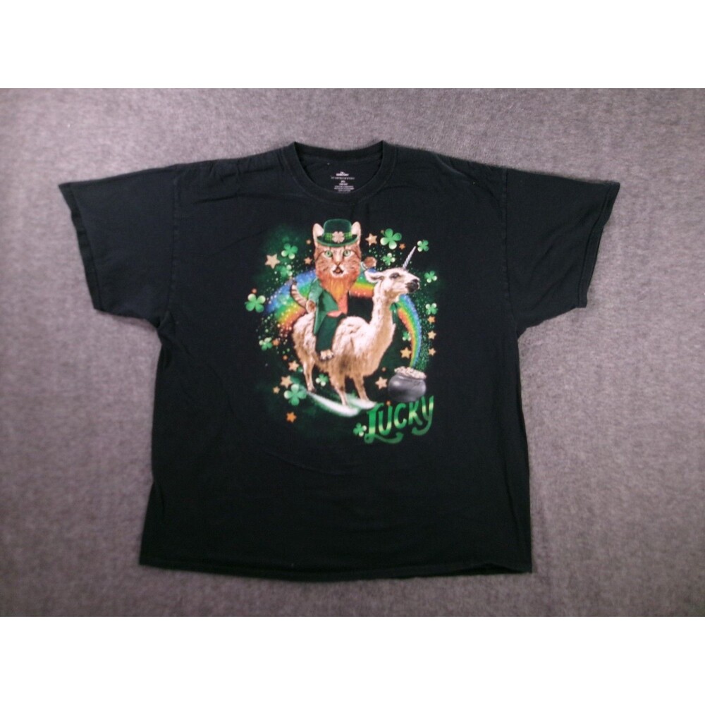 Shirt Men XXL Black Lucky St Patricks Day Cat Unicorn Lama Fun Statement Causal